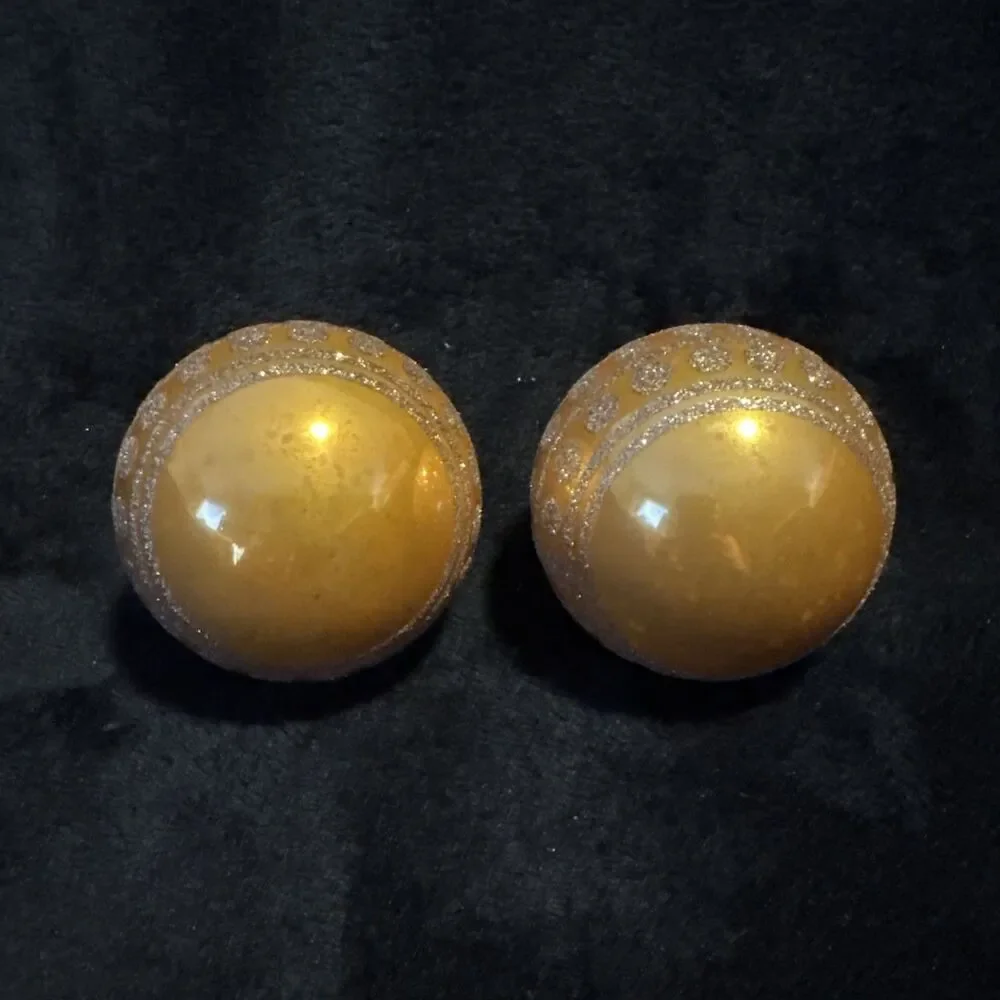 2 Vintage 50s Shiny Brite Gold Circle of Glitter Christmas Ornaments